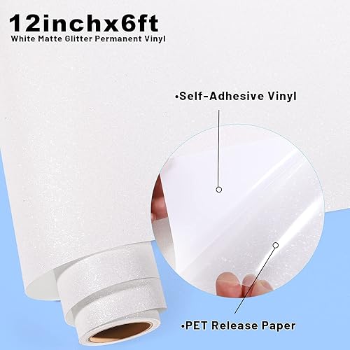 Miniatura 2 de GIRAFVINYL Rollo de vinilo adhesivo de vinilo blanco con purpurina permanente, 12 pulgadas x 6 pies, vinilo permanente brillante para cortador de