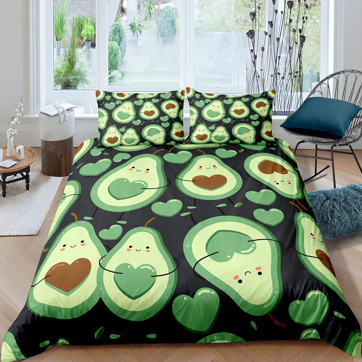 Homemissing Karikatur Avocado Bettbezug Set Süße Tropische Früchte Bettwäsche Set 135x200cm Paare Betten Set für Jungen Mädchen Kinder Teenager Liebe Schlafzimmer Dekor Grün Mit 1 Kissenbezug