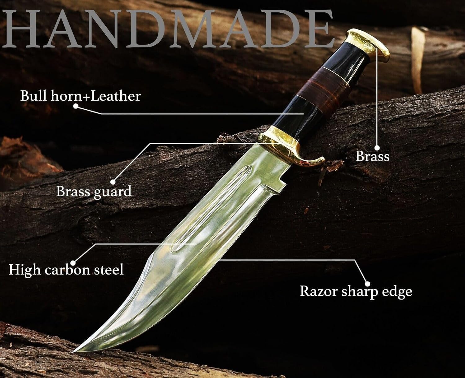Crocodile Dundee Knife with Sheath, Handmade Carbon Steel Crocodile Dundee Large Hunting Knife with Leather and Horn Handle, Fixed Blade Knife for Hunting and Camping