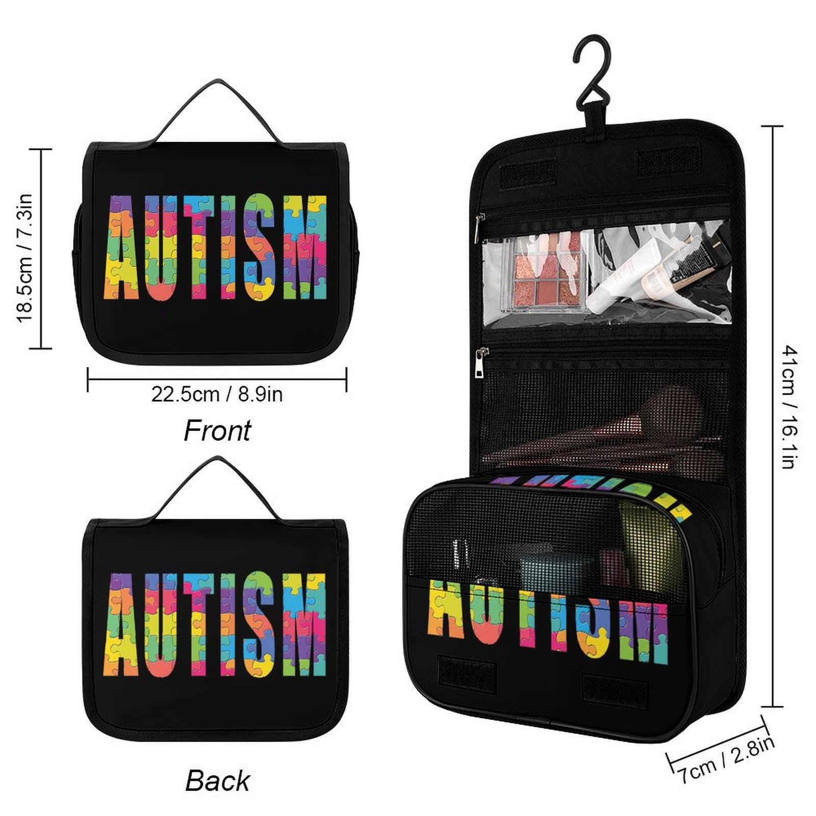 Autism Awareness Puzzles Makeup Bag Portable Hanging Organizer for Travel Wash Bags With Handle And Divider
