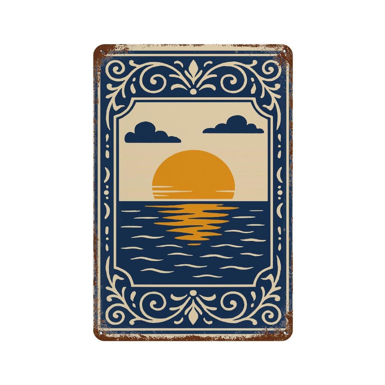 Sunset over The Ocean Illustration Weathered Tin Sign 11.8"x7.9", Classic Wall Plaque for Garage, Bar And Workshop Decor