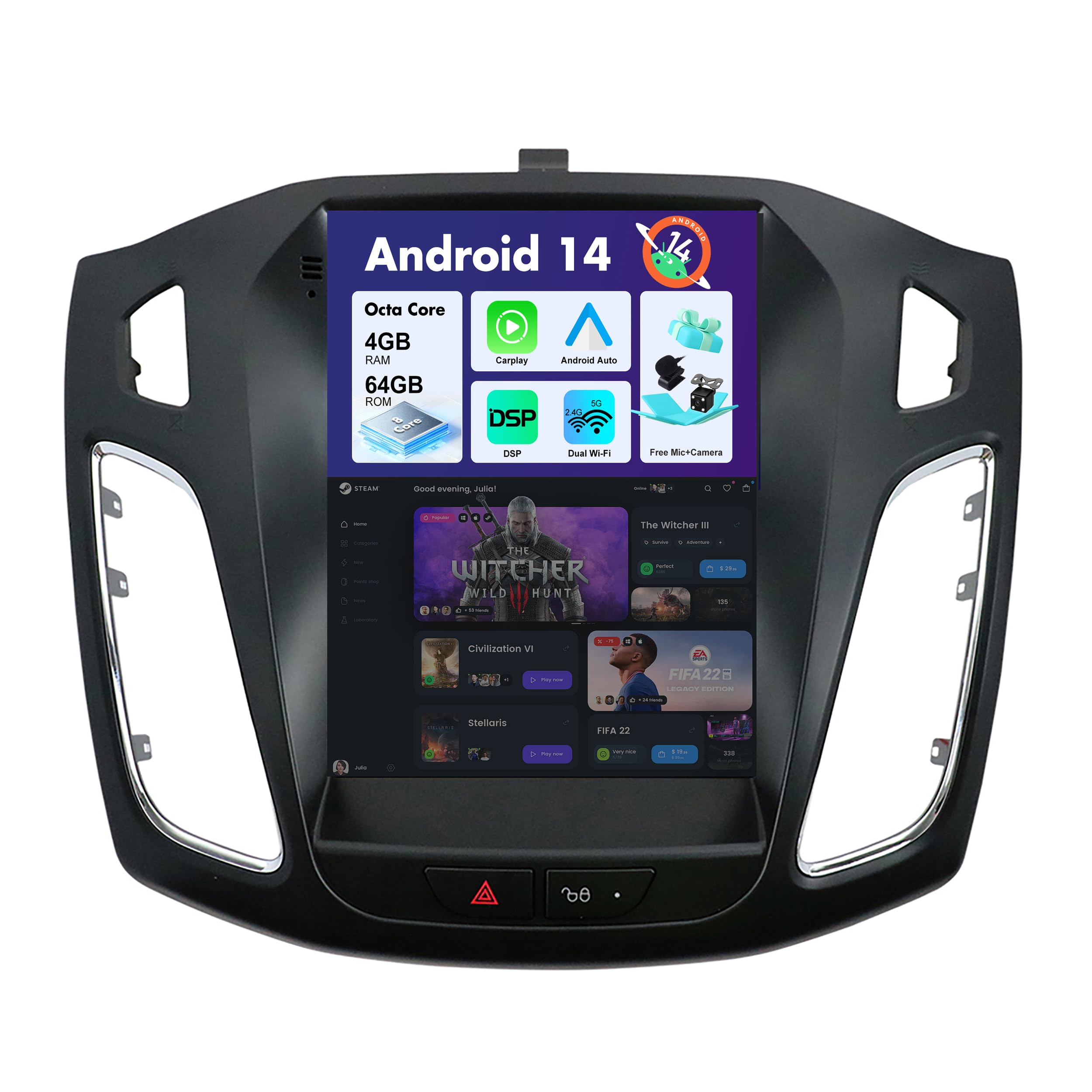 SXAUTO - 6G 128G - Android 14 IPS Autoradio Voor Ford Focus (2010-2014)- Draadloze CarPlay/Android Auto - LED Camera MIC - 9.7 Inch 2 Din - DAB Stuurwiel Fast-boot 360-CAM AHD WIFI Bluetooth DSP