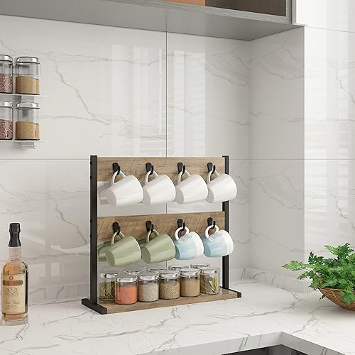 Miniatura 6 de IBUYKE Soporte de Madera para Tazas de Café para Encimera, Soporte para Árbol de Tazas de 16 Ganchos con Base de Almacenamiento, Organizador de