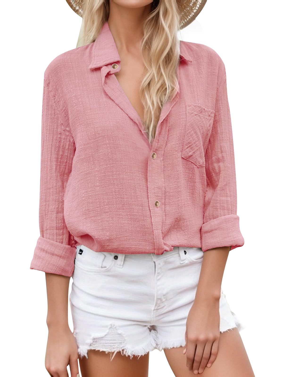 SHEKINI Camicia Lino Donna Camicetta da Donna Elegante Maniche Lunghe Cotone Blusa Maglietta Scollo a V Top Camicette Abbigliamento Donna Ufficio Casual