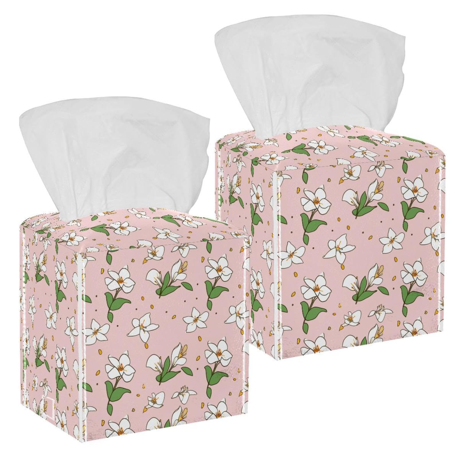Lily Beautiful Tissue Box Cover, 2 Pack PU Leather Square Facial Tissue Dispenser Box holder for Home Office Car
