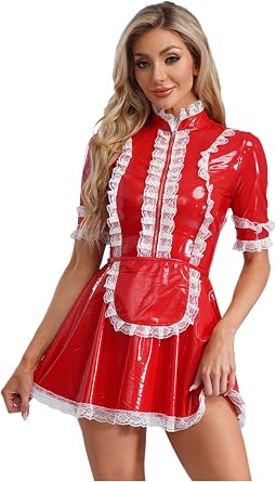 Womens PVC Leather Short Sleeve Fancy Maid Servant Dress Lace Trim Latex Dress with Apron