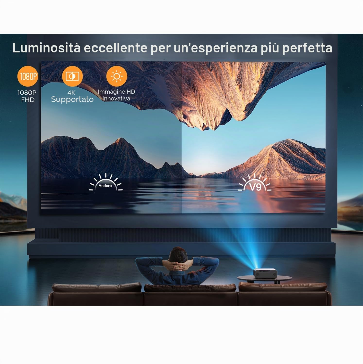 Proiettore YABER Home Cinema, 1080P Full HD compatibile 4K, Autofocus e Correzione Keystone, WiFi 6 Bluetooth Portatile Esterni Schermo 300 Pollici, per Smartphone/Fire TV Stick/PS5