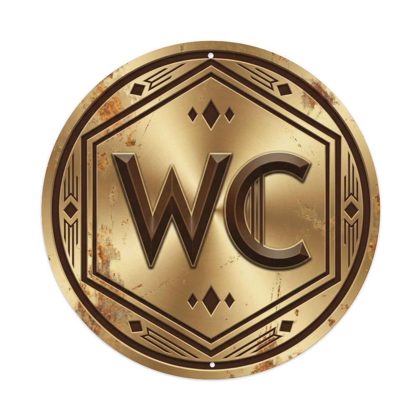 Fqcyn Style Toilet （Wc） Distressed Brass Restroom Emblem Metal Tin Sign Plaque Wall Decor For Cafe, Club Bar, Office, Home Garden Round Metal Poster 8X8inch