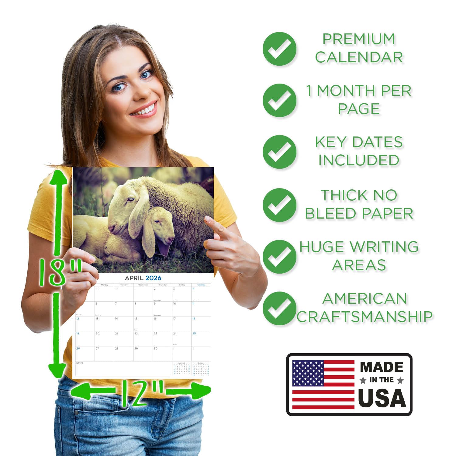 Calendario 2024 2025 con pecore, calendario mensile da parete con animali della fattoria, 30,5 x 45,7 cm, aperto, carta spessa senza sbavature, idea regalo, calendario per insegnanti accademici,