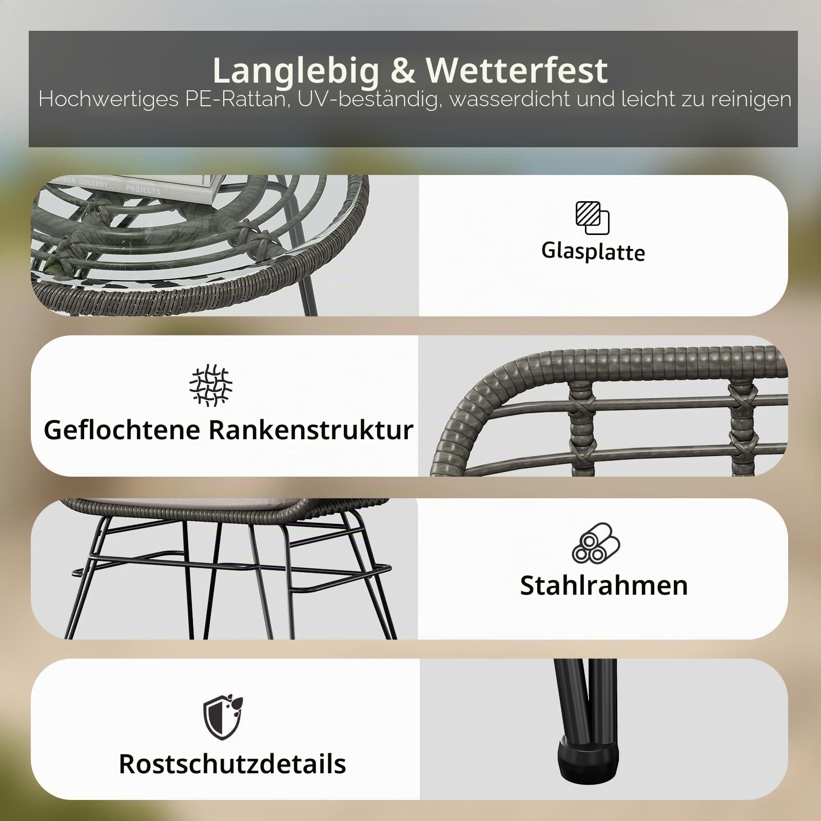 Acekool Outdoor Rattan Sitzgruppe, Möbel Für 2 Personen, 3-TLG. Bistroset, Balkonmöbel, Gartenmöbel Set Mit 2X Stühle + Balkonmöbelset für Garten, Terrasse, Balkon -Grau & Beige
