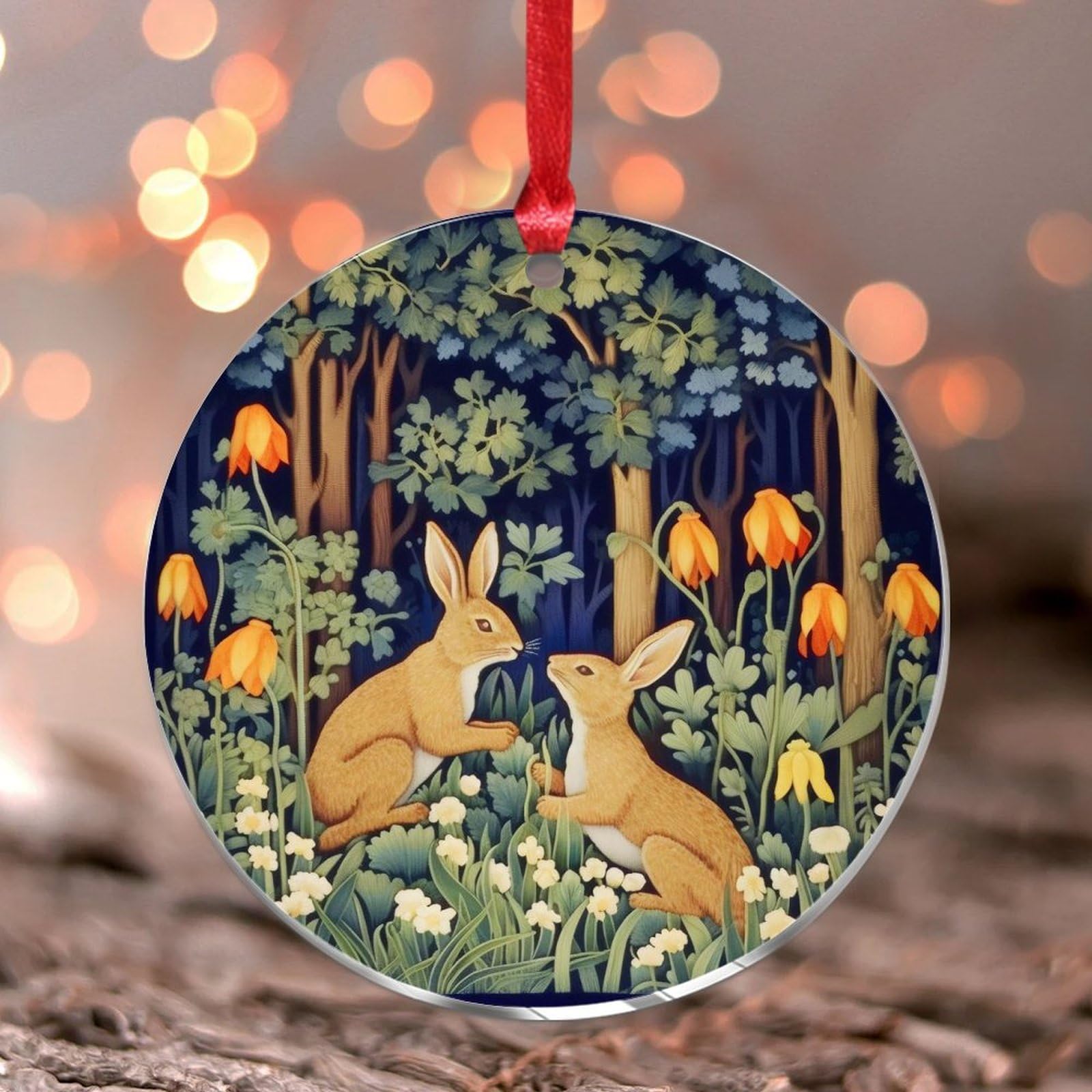 Christmas Ornaments 2024 Rabbit Forest Hares in Wood Bunny Acrylic Christmas Tree Ornament Eucalyptus Leaves Blue Green Christmas Bauble Forest Spirits Cottagecore' Aesthetic Keepsake Gift Tag