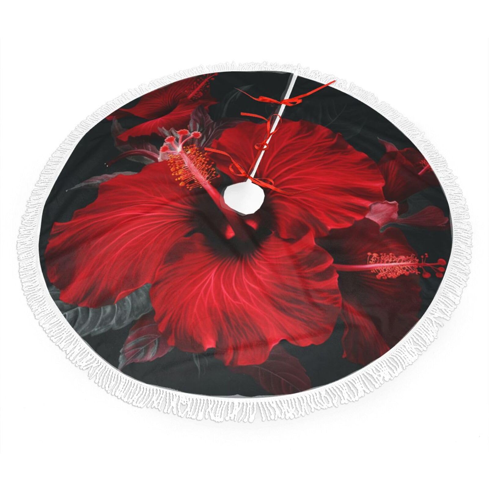 Red Hibiscus Flowers Christmas Tree Skirt 48", Soft Plush Xmas Tree Carpet with Tassel Christmas Ornaments Winter Holiday Tree Mat Decoration for Home Party Supplies