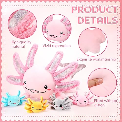 Miniatura 3 de Aoriher Juego de 5 piezas de peluche de ajolote de 24 pulgadas con 4 lindos bebés de peluche en el vientre, suave peluche de ajolote para niños que