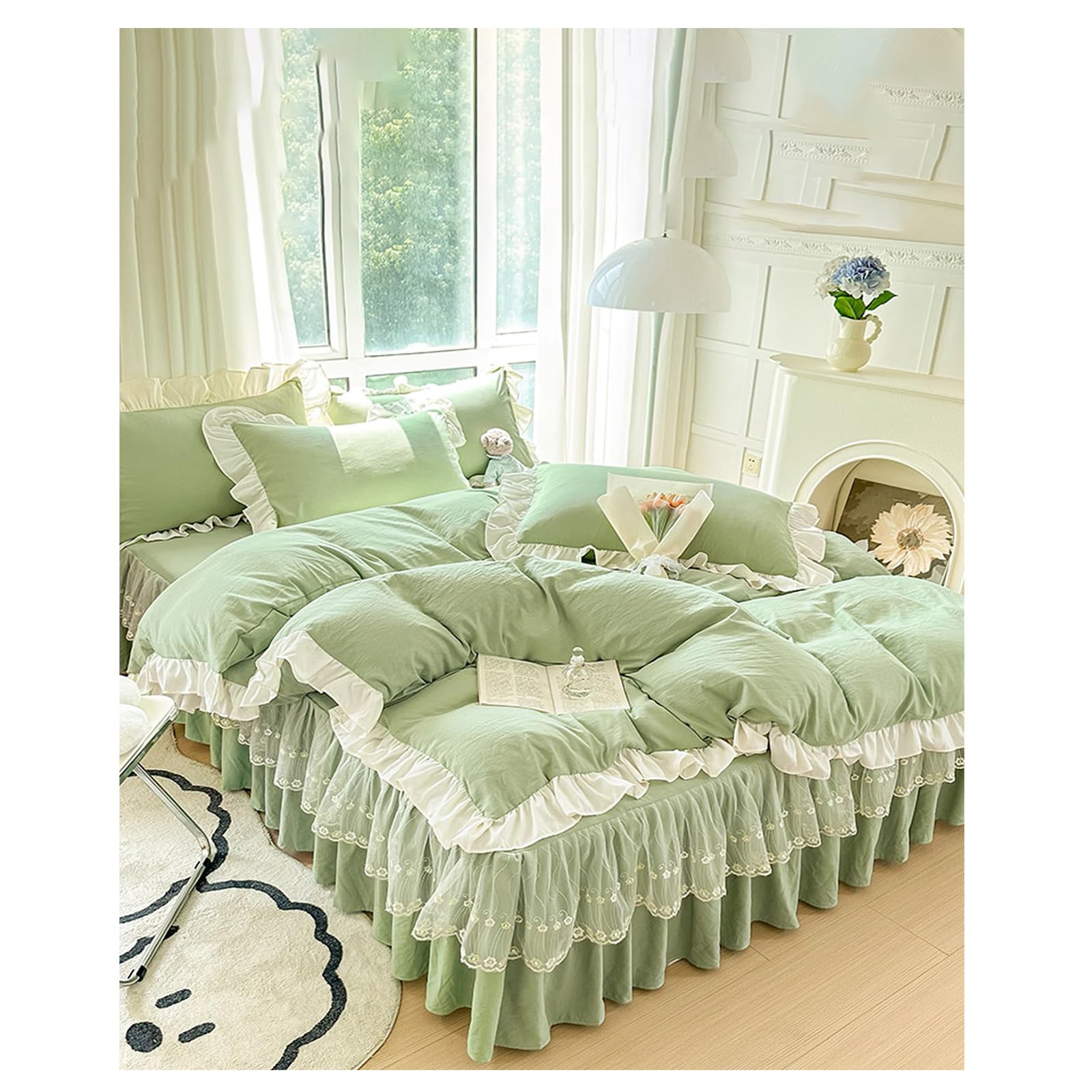 QWINEE 3pcs Lotus Leaf Edge Duvet Cover Set with 1 Duvet Cover and 2 Pillow Shams，Soft Skin-Friendly for All Season Mint Green Twin