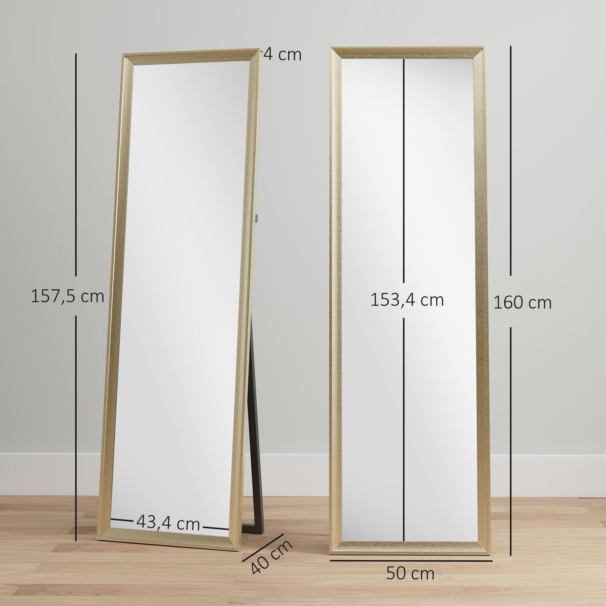 HOMCOM Ganzkörperspiegel 160 x 50 cm Rechteckig Standspiegel mit Metalloptik, Wandspiegel zum Anlehnen, Stehen, großer Spiegel für Flur, Wohnzimmer, Schlafzimmer, Gold