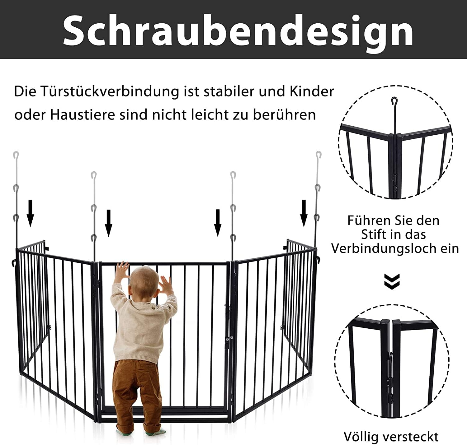 Barrera de seguridad de 310 x 2,5 x 75 cm, rejilla de protección para animales, chimenea, escalera, para niños, barrera de seguridad, extensible, chimenea, rejilla de protección con 5 paneles de