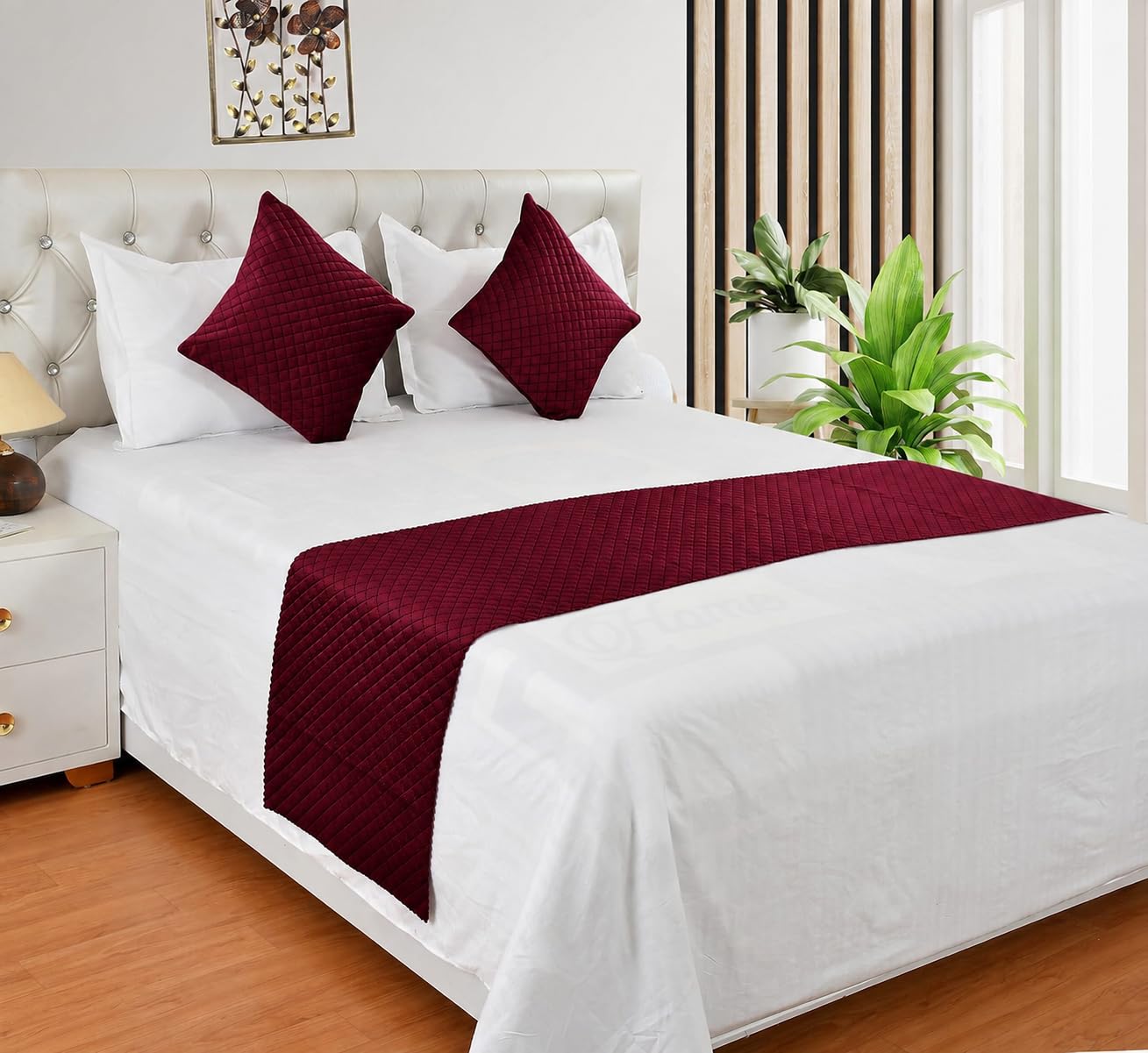 KIB 200 TC Quilting Velvet Bed Runner Maroon Set 18x96 Inch with 2 Cushion Covers 16x16 Inch | Runner for Double Bed King Size Linen Bed Runner Scarf Hotel Style Bedding Decoration (Set 1)-picture-22