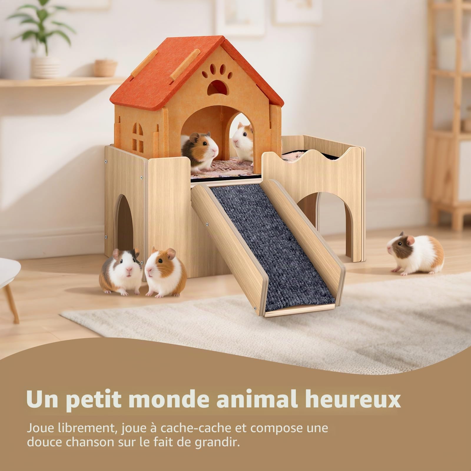 Mittimiya Maison 3-en-1 pour cochons d'Inde avec plate-forme et escalier