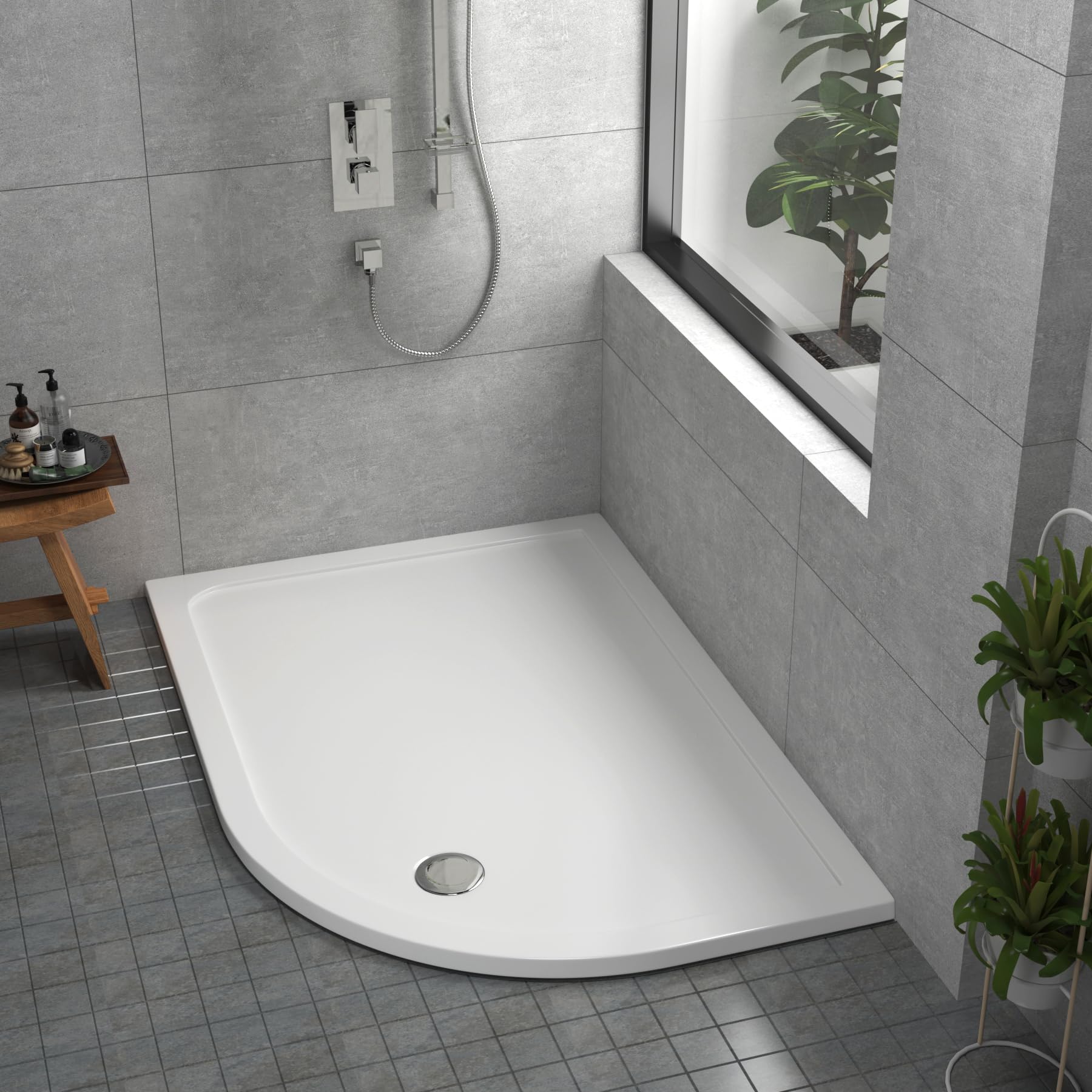 Bathroom 1200 x 900mm Shower Tray Gloss White Slimline 30mm Stone Resin Right Handed Offset Base with Free Waste Trap Kit