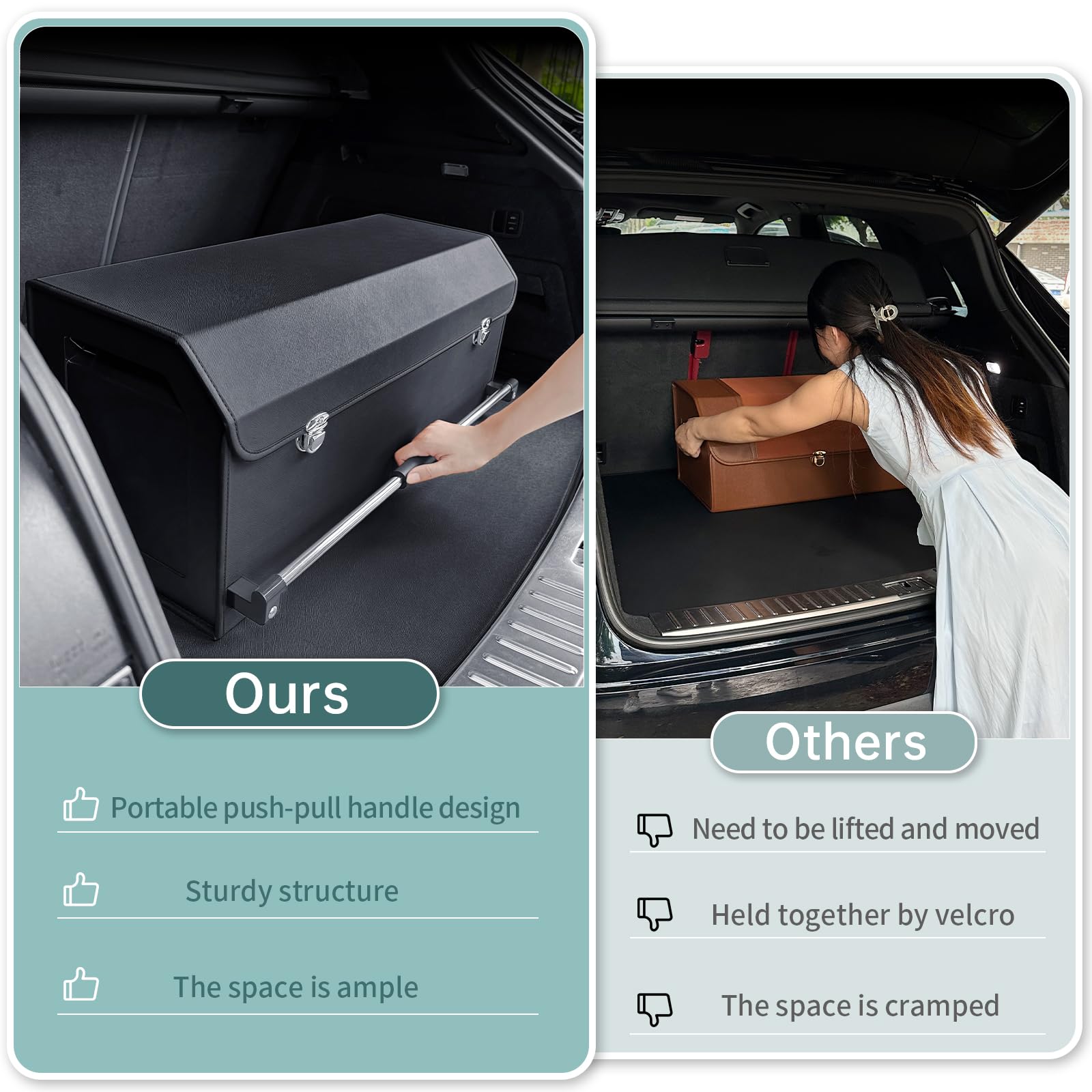 XCF Car Organizer Trunk, Durable Collapsible Leather Trunk Organizer with Lid and Sturdy Handle, Auto Cargo Storage Compartments, SUV/Car Accessories for Men/Women (11.4 x 27 x 12.2, Black)