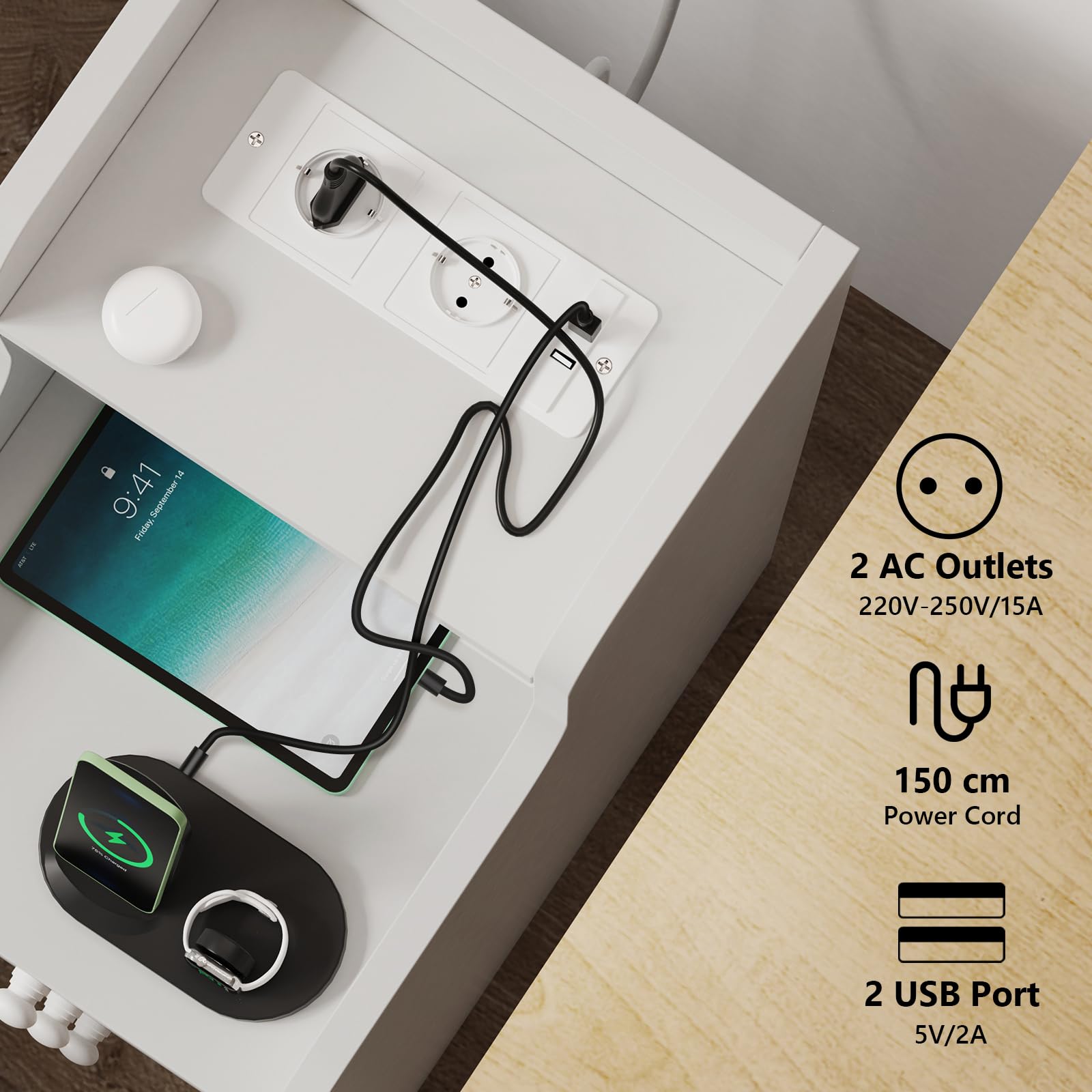 Comodino Stretto, Comodino Bianco, con 2 Prese AC, 2 Porta USB-C, Comodini con Presa Alto Tavolino con 3 Cassetto, 25x35x70cm Bianco