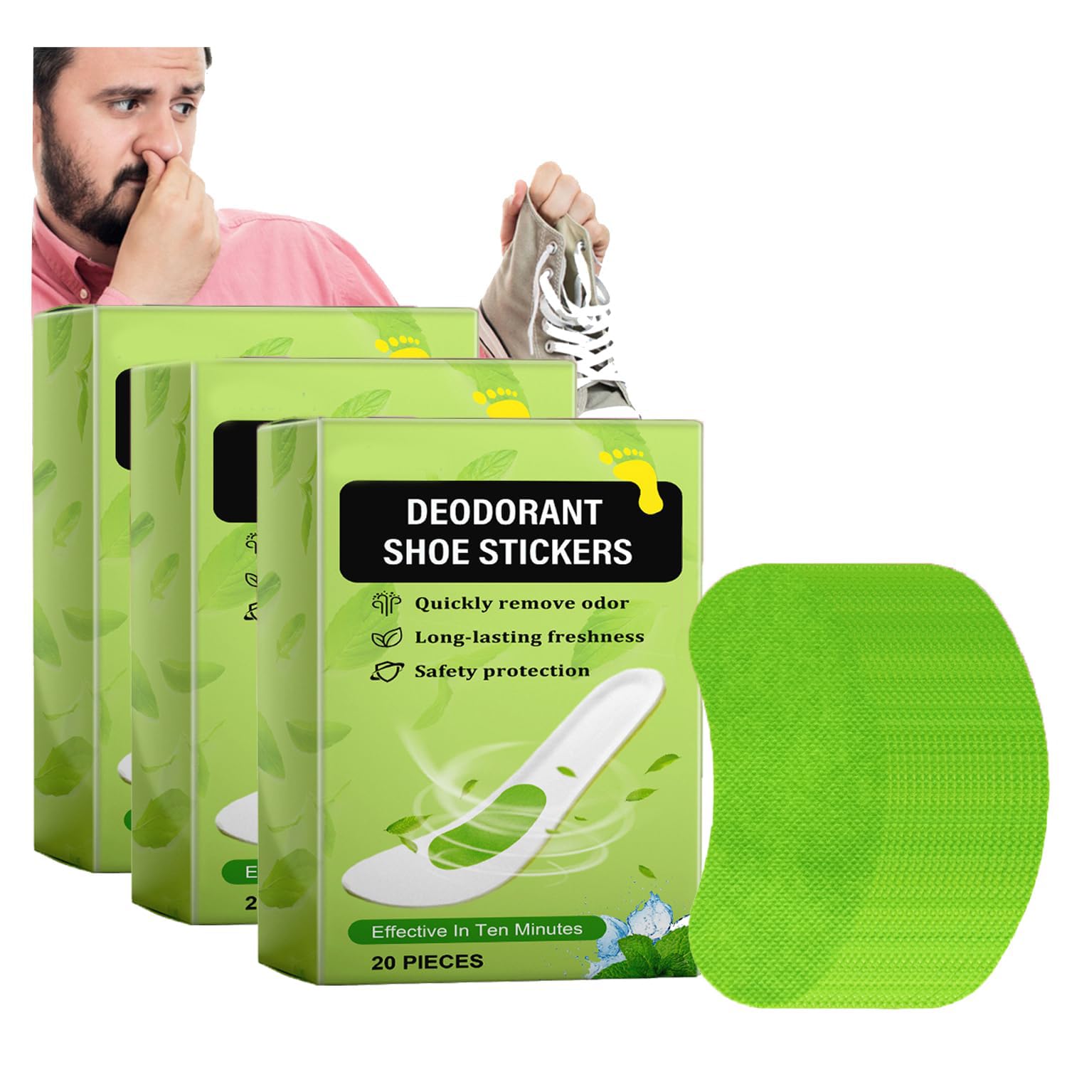 Shoe Deodorizing Stickers, Azonee Odor Eliminator Insole Stickers, Fresh and Long-Lasting Deodorizer for Men and Women, 60 Pcs Total (3 Boxes)