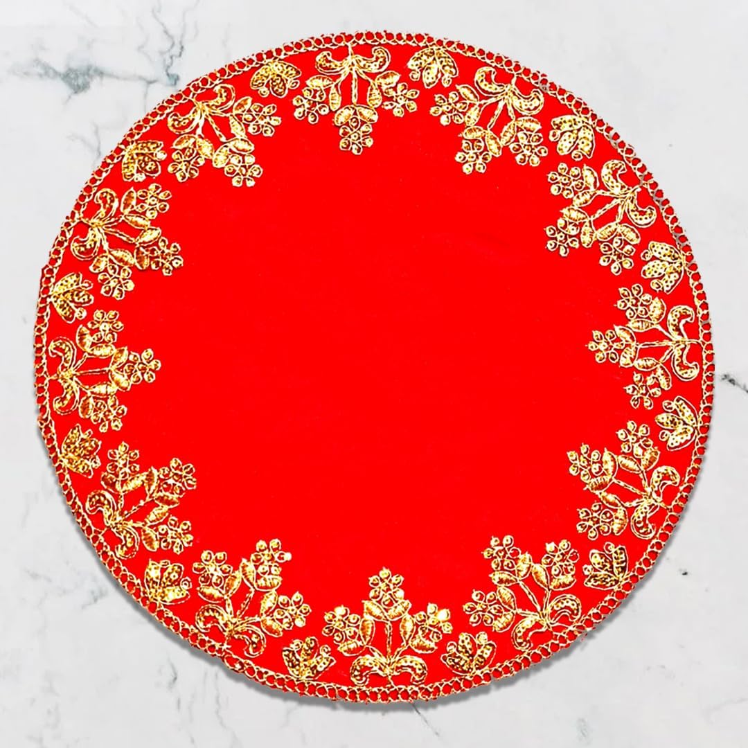 Aasanwala Velvet Pooja Aasan for Mandir Altar Cloth Flower Embroidered Chowki Mat Bhagwan Circle Red 20cm