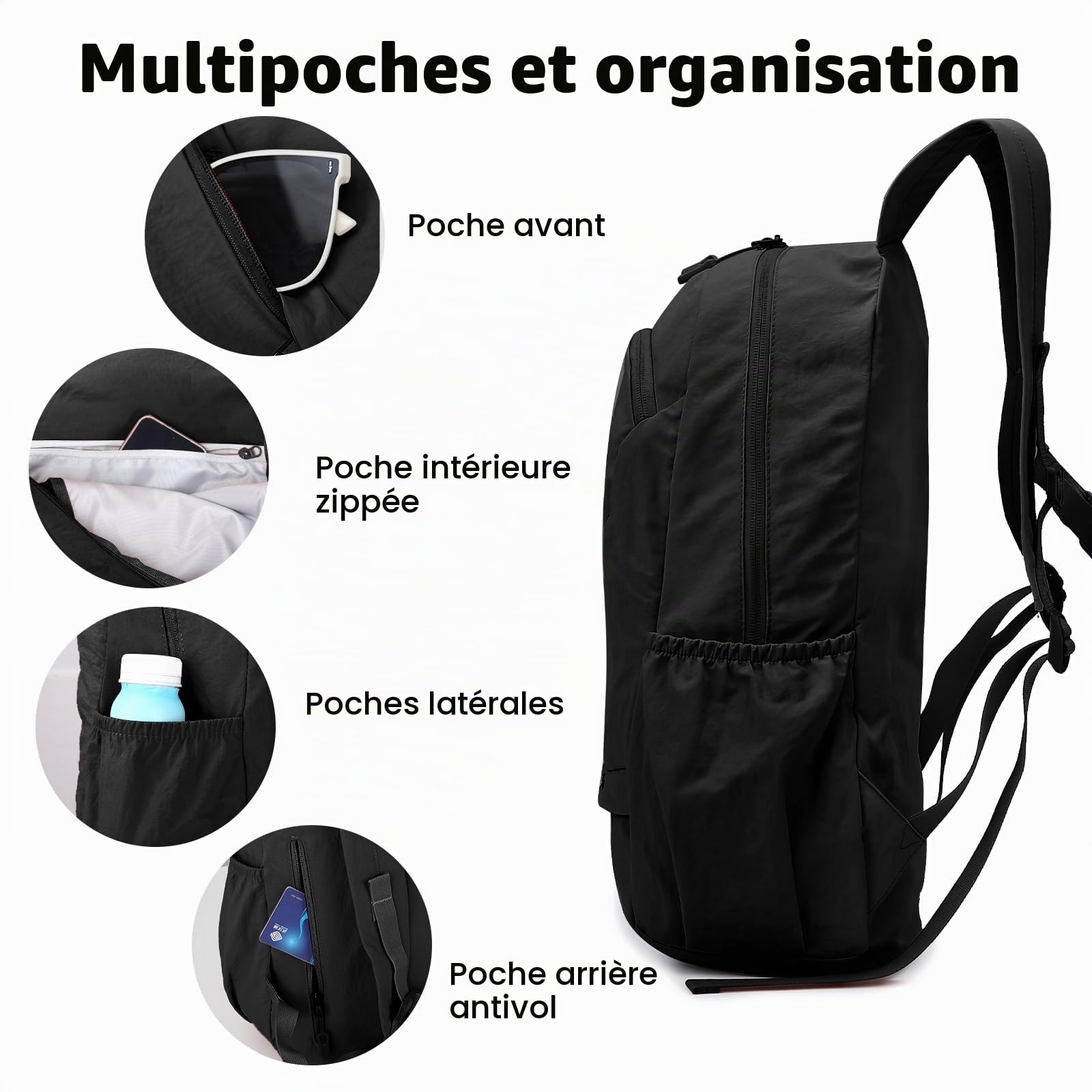 25L Sac a Dos Pliable Femme Homme, Petit Sac a Dos Randonnee avec Poche Humide, Ultraléger Sacs Randonnée Etanche, Sacs a Dos Sport pour Voyage Loisir, Noir