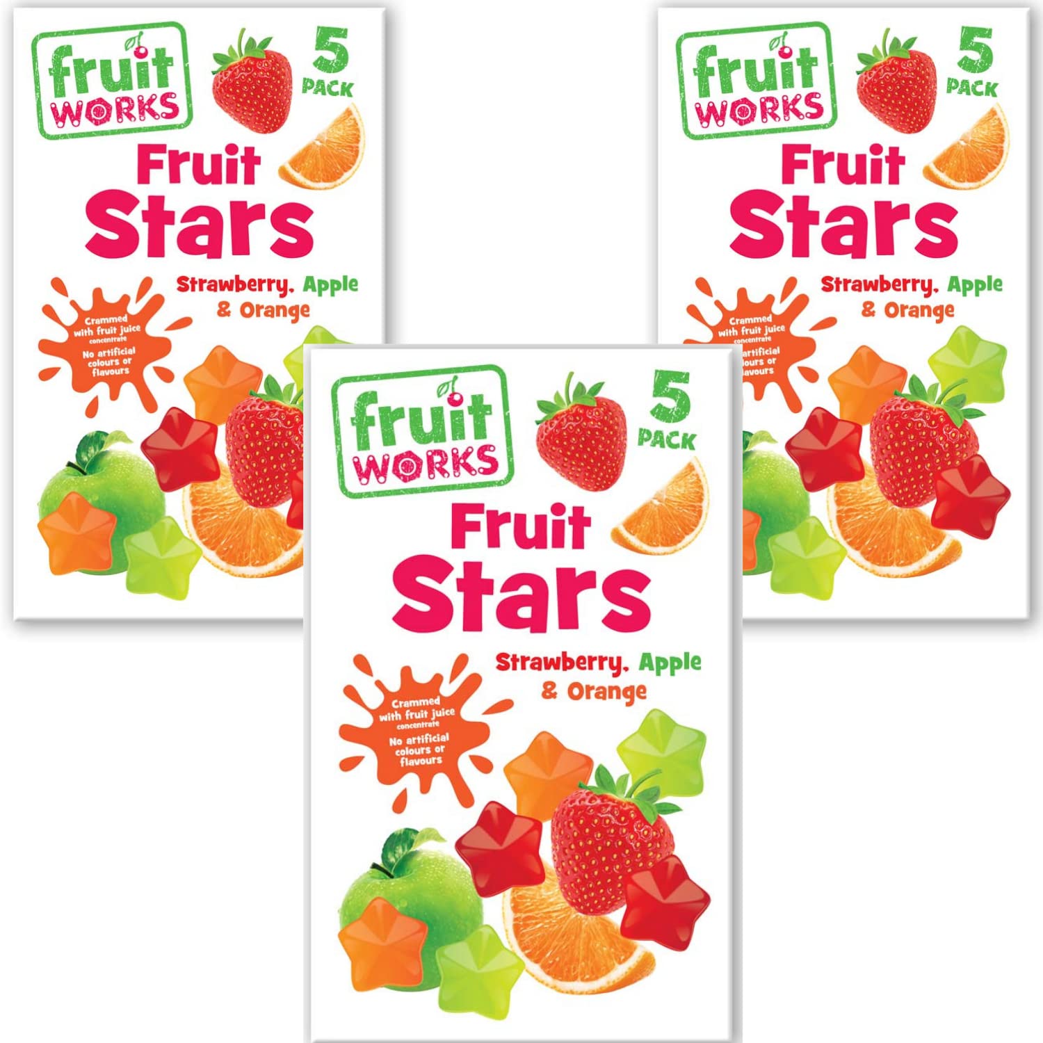 Fruit Works Fruit Stars Strawberry, Apple and Orange Fruity Sweet and Chewy . Vegan Friendly, 18 g (Pack of 15)