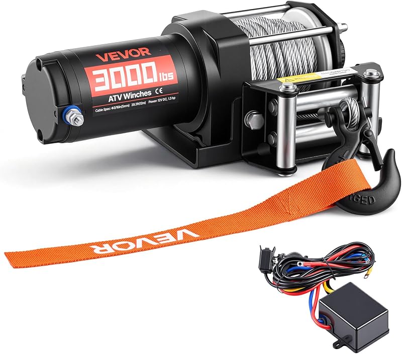 VEVOR 3000 lbs Electric Winch, 12V DC ATV/UTV Winch with Φ3/16 in x 39.4 ft Steel Wire Rope & Wired Remote Control, IP55 Waterproof, Aluminum Housing Fairlead Mount Plate for Towing ATV, Black