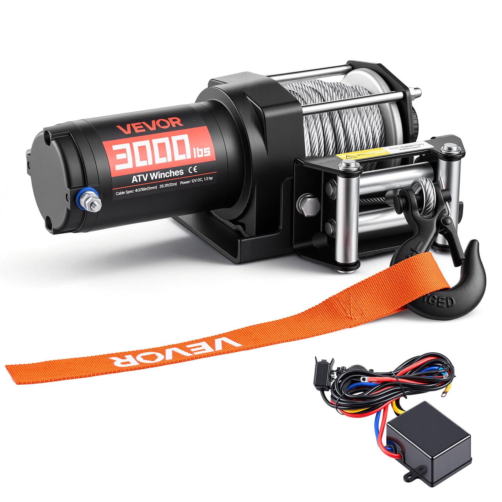 VEVOR Verricello Elettrico con Cavo da 1360 kg, Verricello Elettrico da 12 V CC per ATV/UTV Fuoristrada con Fune in Acciaio Ø 5 mm x 12 m, Telecomando Cablato, Impermeabile IP55 per Recupero Stradale