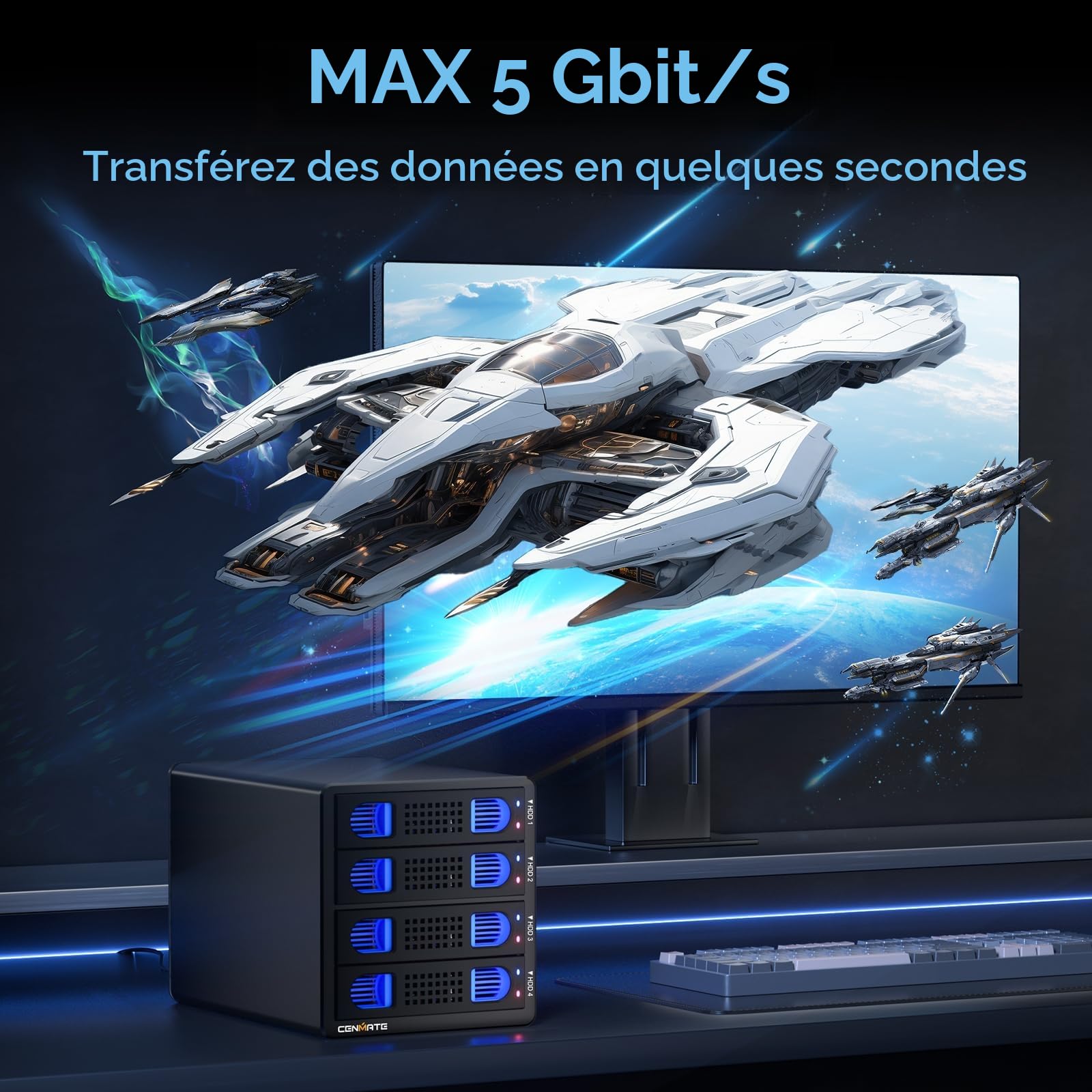 Boîtier Raid, CENMATE Boîtier de Disque Dur 4 Baies pour 2,5/3,5 SATA HDD/SSD avec Câble USB A/C 3.0, Boîtier de Disque Dur Externe Compatible avec Une Capacité de 80To, 8 Modes