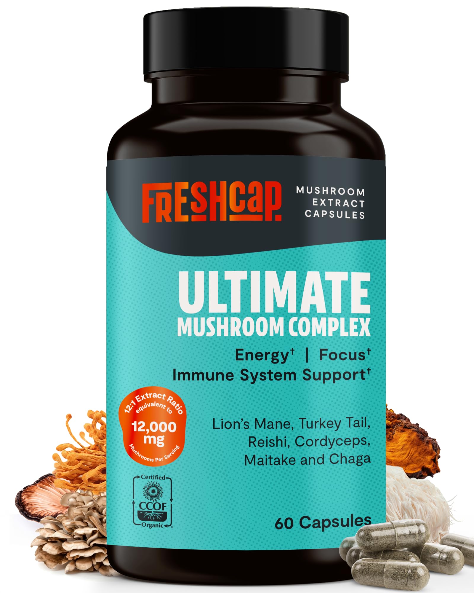 FreshCap Mushrooms Ultimate Mushroom Supplement 12,000mg - Nootropic Mushroom Complex Capsules, Organic Mushrooms Supplement, Nootropic Brain Supplements for Memory and Focus Ayurveda (60 Capsules)