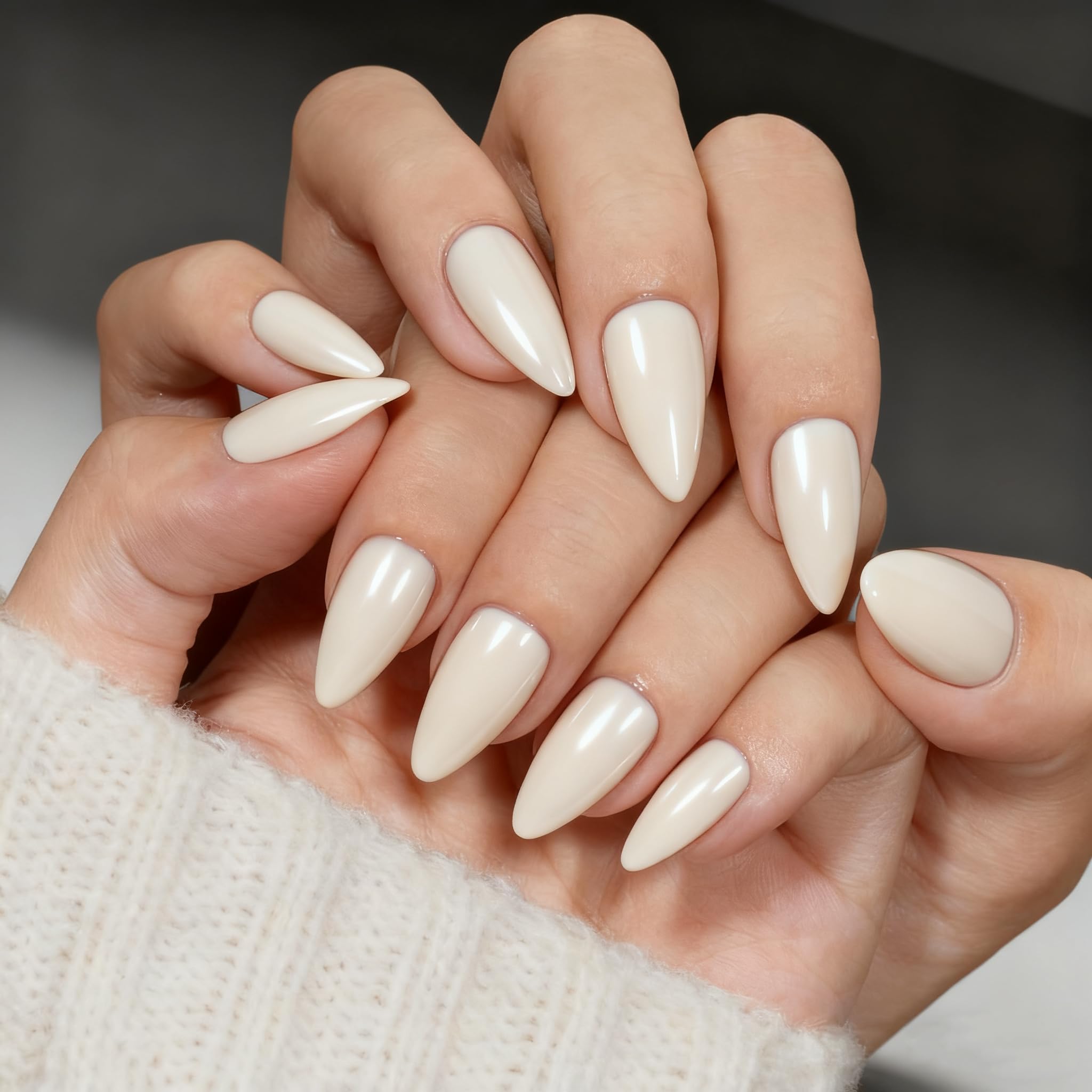 KQueenest Chrome White Press on Nails Almond Medium, Almond False
