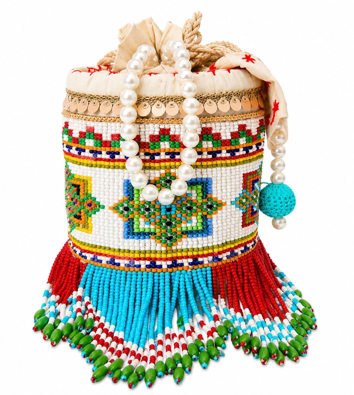 Royal Pearl Handcrafted Potli Bag with Beaded Fringe & Drawstring Closure | Designer Ethnic Handbag for Bridal, Festive & Evening-image-20