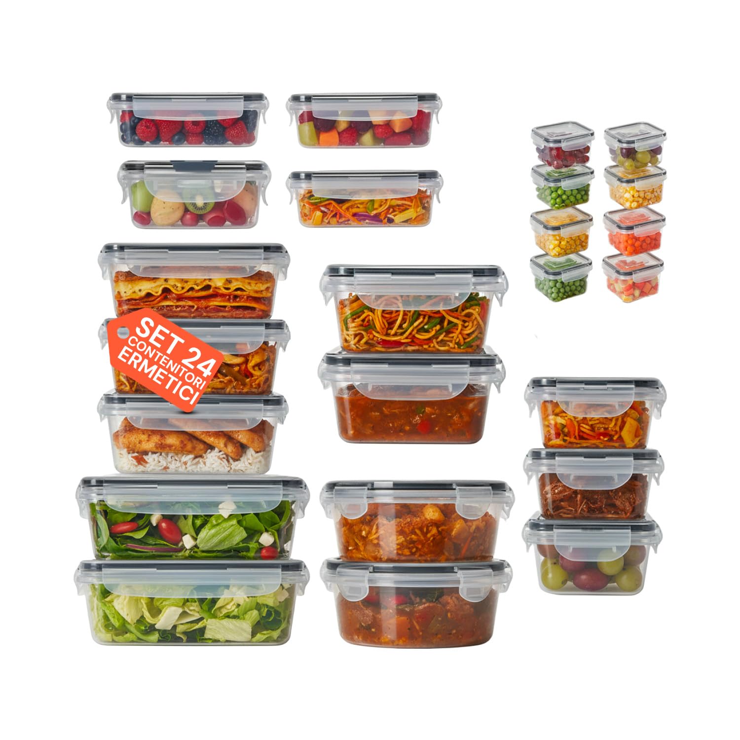 Avilia - Contenitori Ermetici per Alimenti Multimisura Set 24 Pezzi per Frigo e Dispensa, in Plastica PP con Etichette e Penna, Impilabili Salvaspazio per Meal Prep e Conservazione Fresca