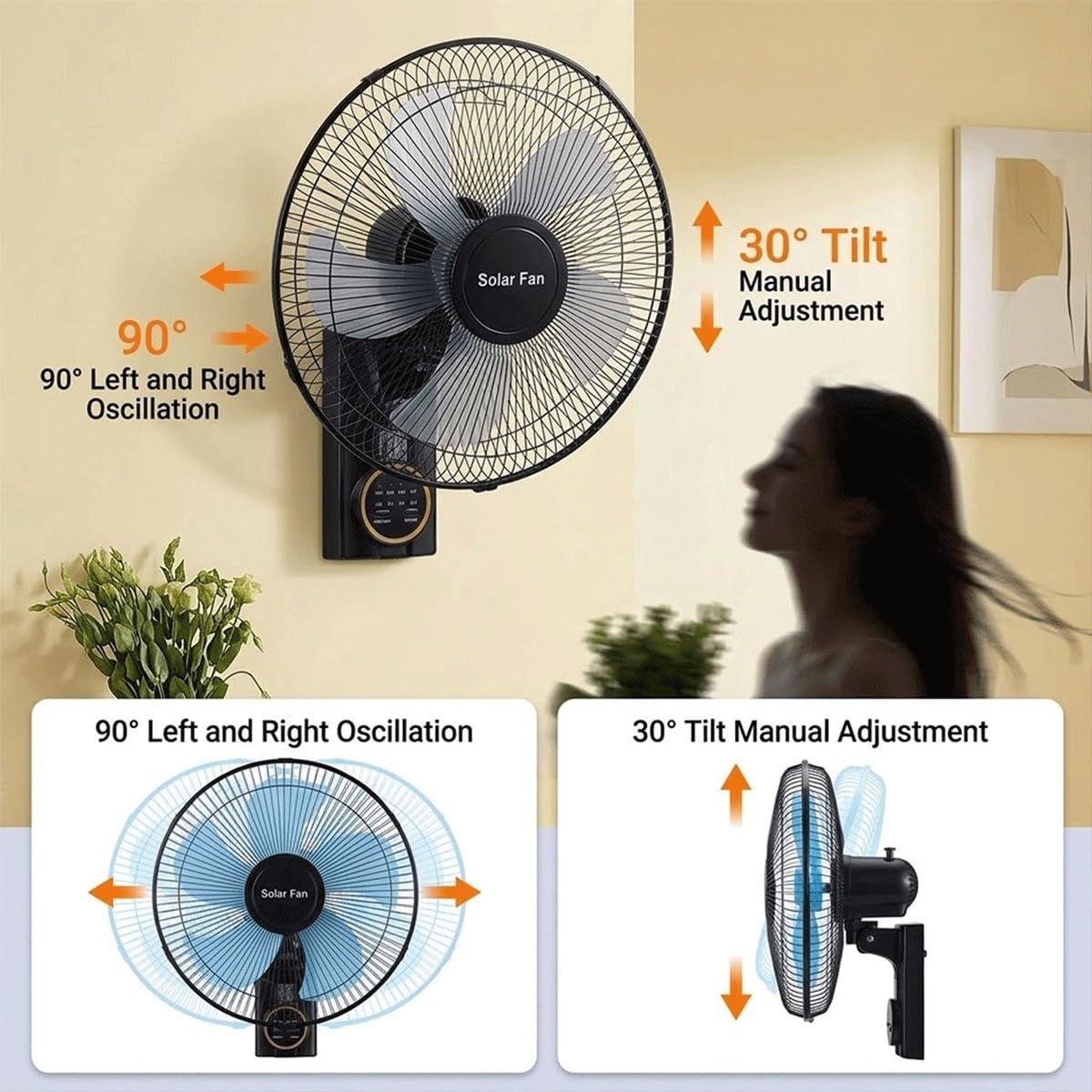 Genérico Ventilador Oscilante de Pared de 40cm para Patios, Ventilador Solar con 5 Aspas, 3 Velocidades, Ventiladores Solares para Exteriores para el Hogar, Invernadero, Garaje, Dormitorio, Camping.