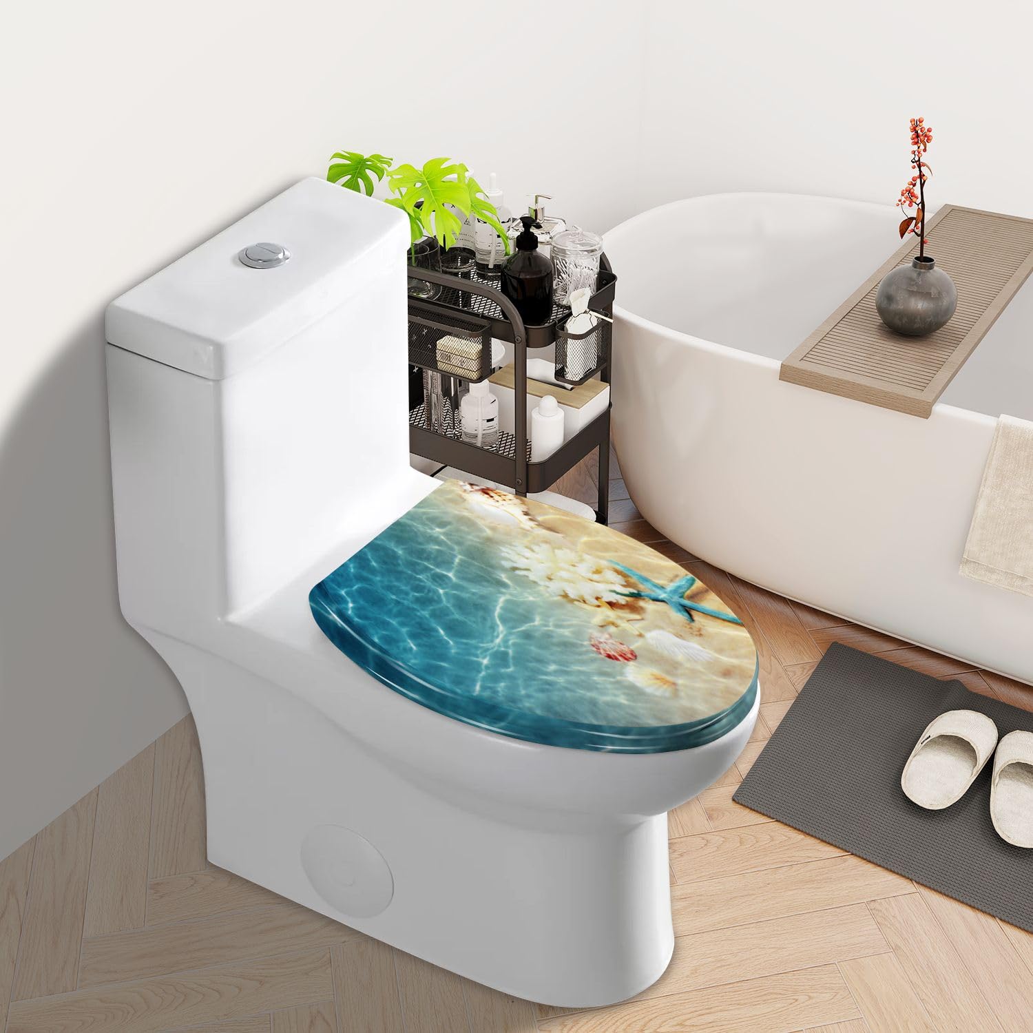 Elongated Toilet Seat Seashell summer beach sea water Summer Summer time Resin Toilet Seat Quietly Slow Close with Quick-Release Hinges Toilet Seat with Cover Easy to Clean Install