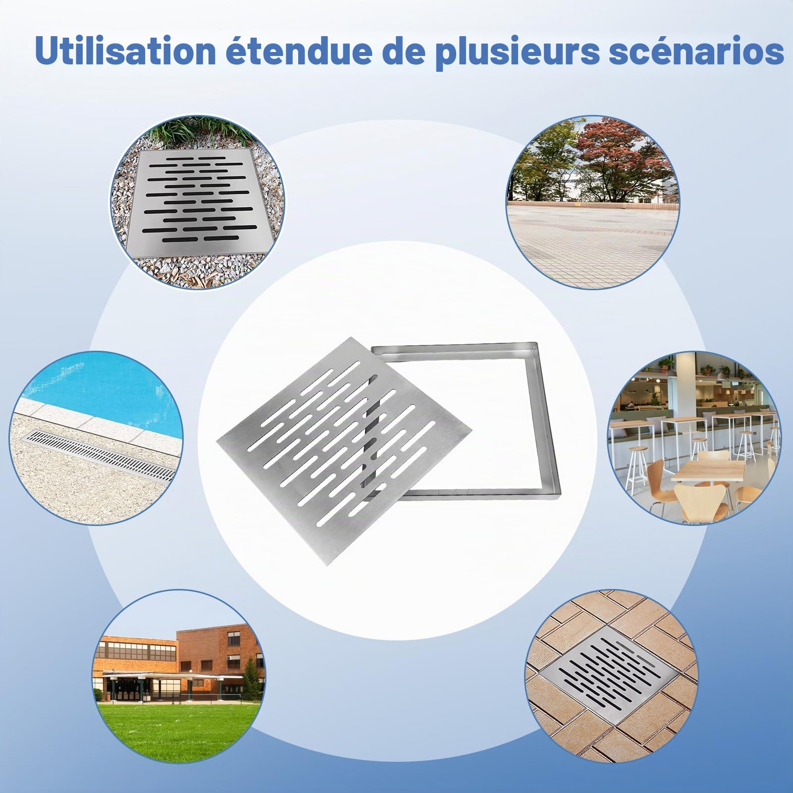 Siphon de sol en acier inoxydable avec cadre, couvercle de drainage extérieur, grille d'évacuation d'eau de pluie, carré antidérapant pour sol de jardin en stock avec cadre (200 x 200 x 20 mm)