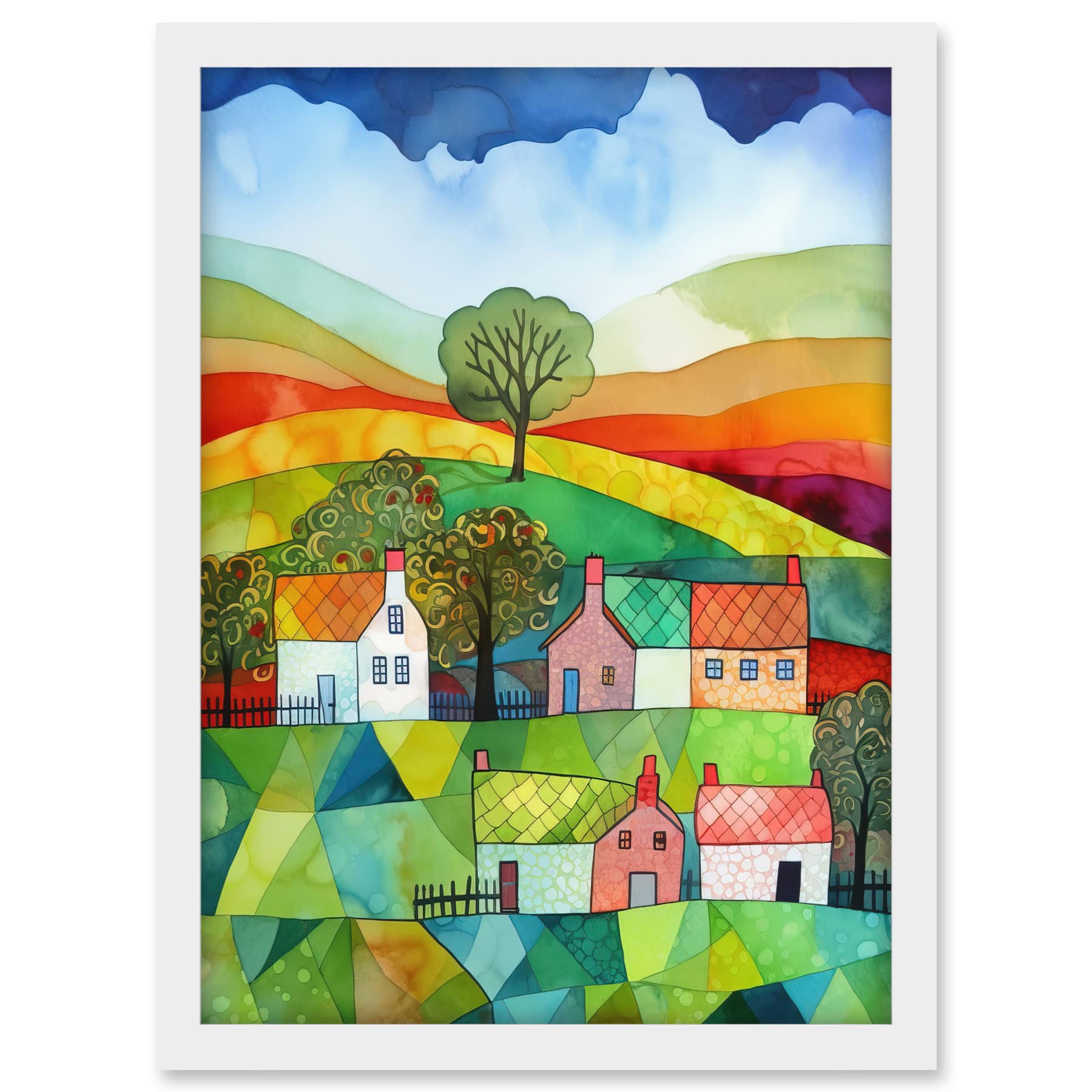 Artery8 Rural Landscape Rainbow Countryside Folk Art Watercolour Painting Artwork Framed A3 Wall Art Print
