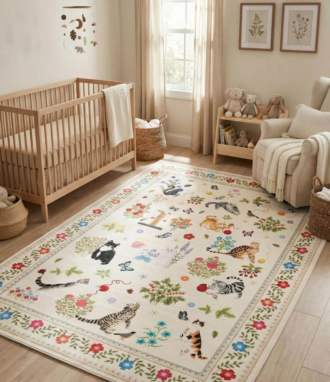 FairyStyle Cat Area Rug, Animal Print Washable Rugs for Living Room, Soft Floral Indoor Carpet, Low Pile Non Slip Floor Mat for Bedroom Dorm Playroom Nursery 120x170 cm Beige