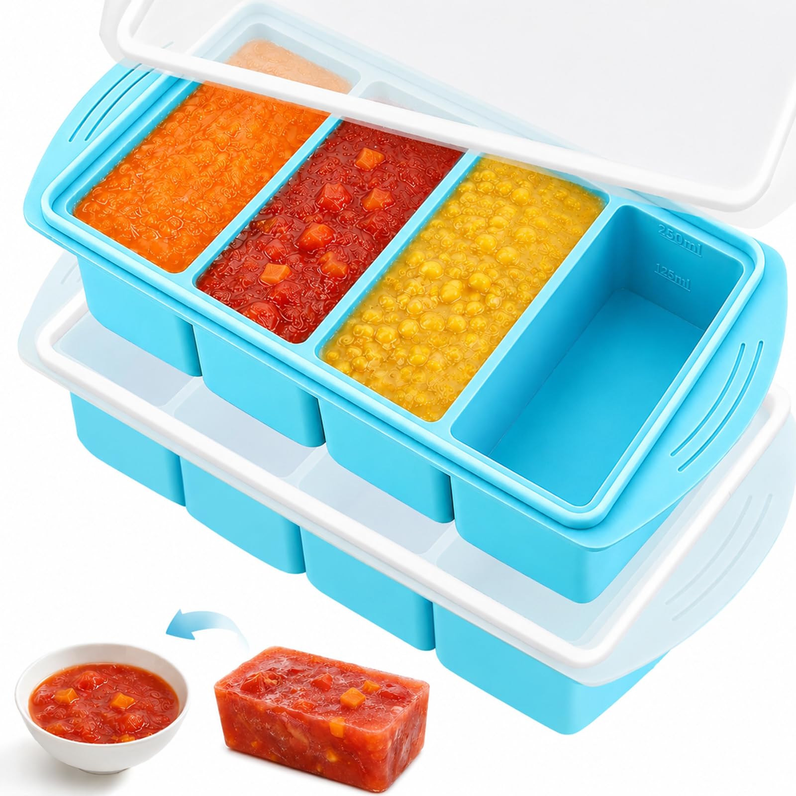 Paquete de 2 bandejas de silicona azul para congelador con tapa, cubos grandes para congelador, 4 compartimentos profundos, 125 ml, 250 ml, recipientes apilables para almacenamiento de alimentos