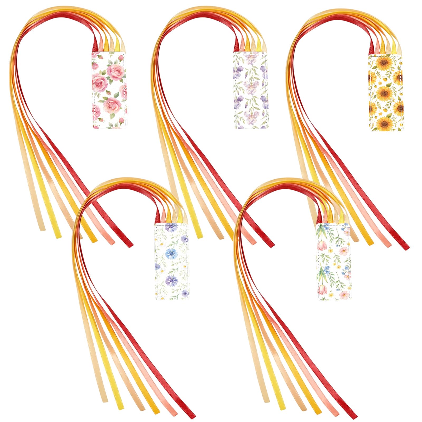 GLOBLELAND 5 Pcs Flower Theme Bible Ribbon Bookmarks Rectangle Artificial Leather Markers with Rose & Sunflower Patterns Multi Ribbon Page Markers for Book Reading & Studying