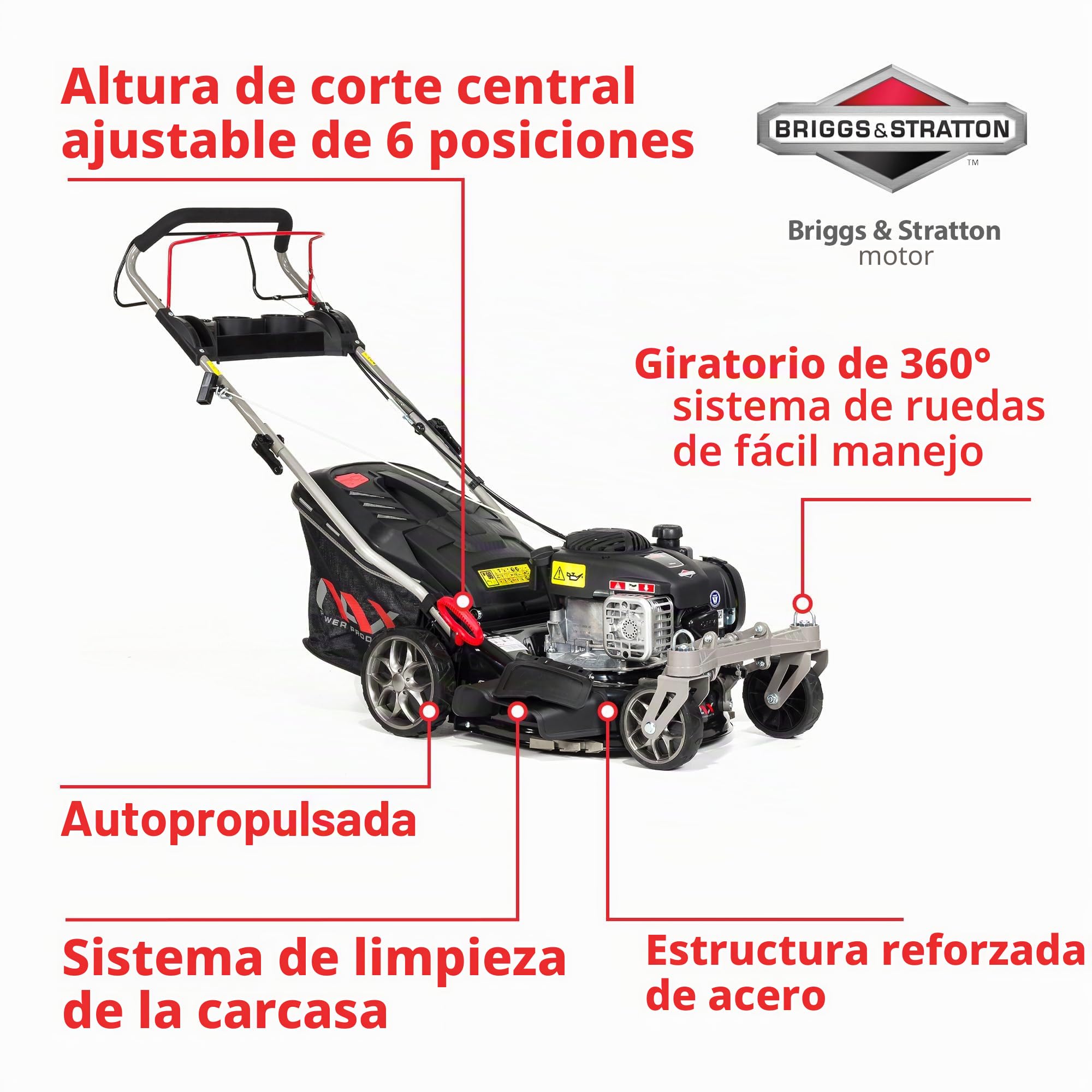 NAX POWER PRODUCTS 1000S motor Briggs & Stratton serie 450E 125 cm3 ancho de corte 42 cm cesta 45l sistema de lavado de la carcasa cortacésped a gasolina con tracción