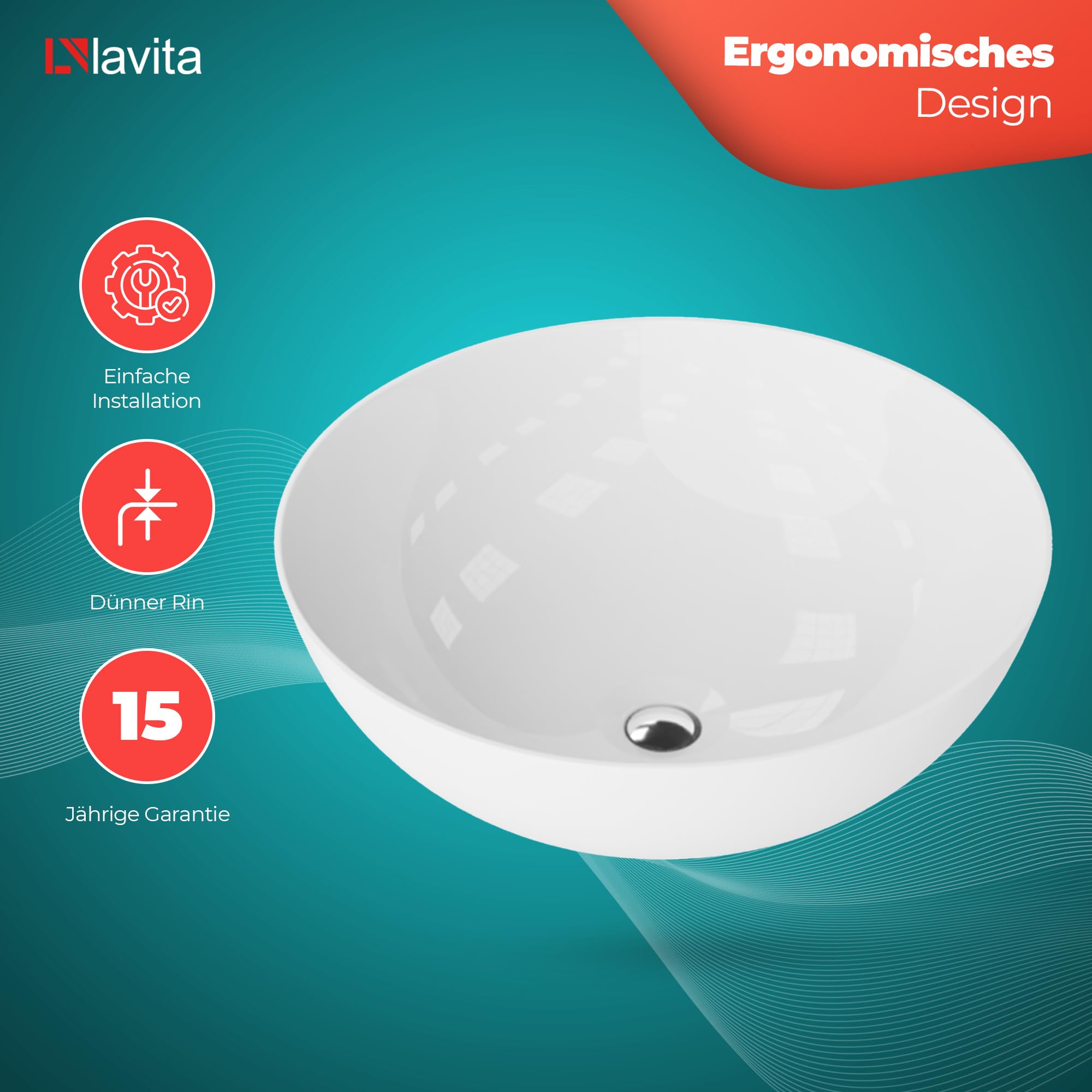 LAVITA Lavabo de encimera redondo | lavabo redondo | lavabo sin rebosadero y orificio para grifo | de porcelana de alta calidad | lavabo | 41,5 x 41 x 14 cm | blanco brillante