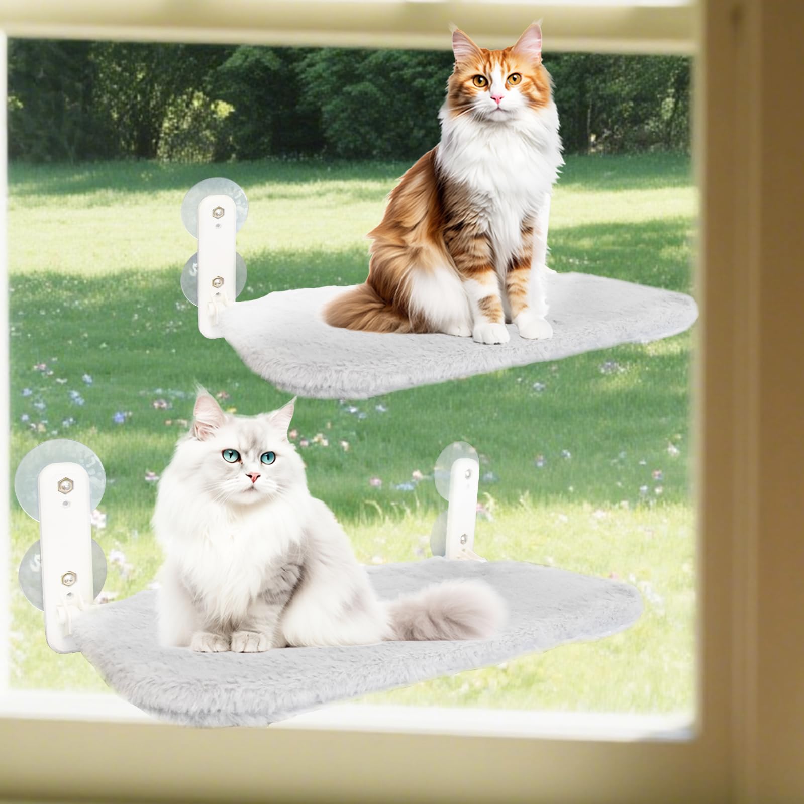 2 PCS Cat Window Perch (Medium 20.4''×11.8'') - Machine Washable Cover, 4 Large Suction Cups, Solid Metal Frame - Cordless Foldable Hammock for Indoor