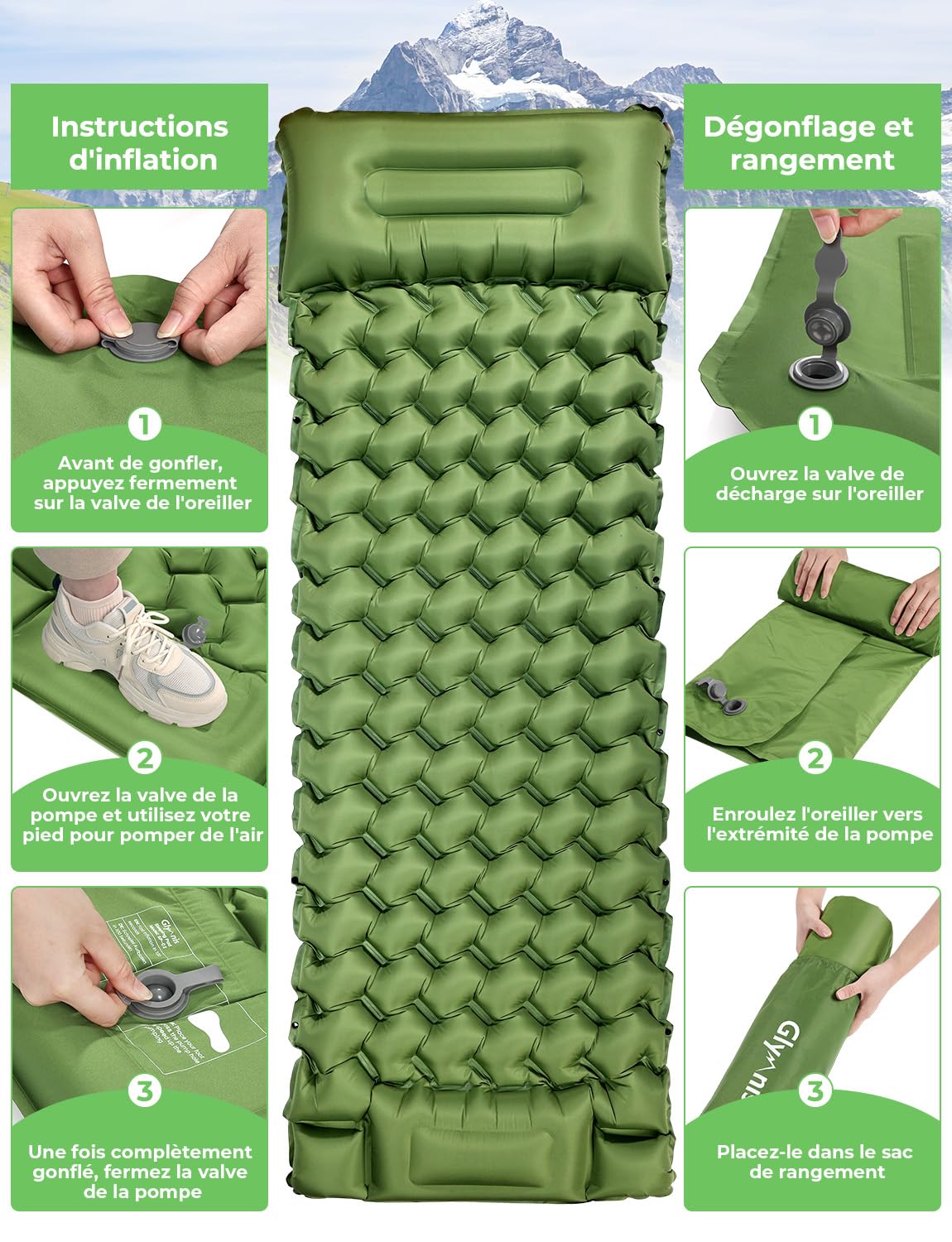 Glymnis Matelas de Camping Autogonflant 1P, Pompe + Oreiller, Ultraléger | Nylon 70D Imperméable, Gonflage 60s, 9cm Épais, 852g Ultra-Compact, Sangles Module, Convient Camping Randonnée Alpinisme