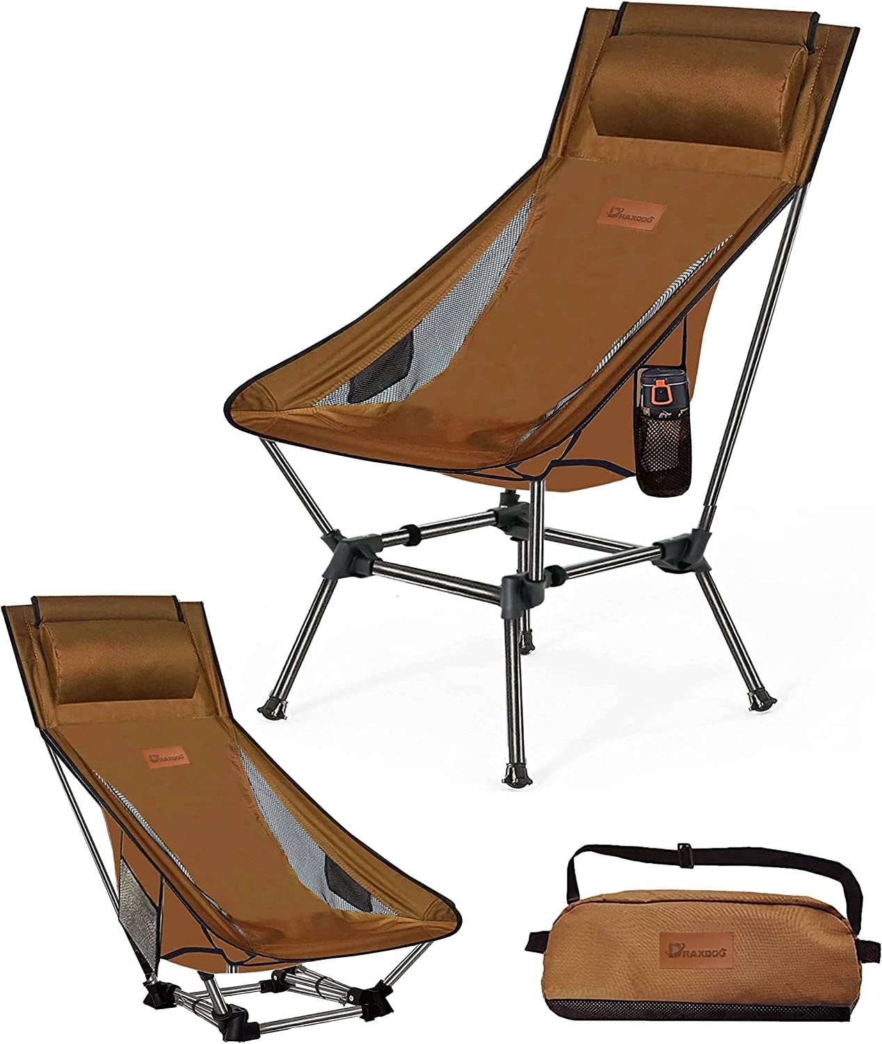 Camping Chair, 2 Way Compact Backpacking Chair, Portable Folding Chair, Beach Chair with Side Pocket, Lightweight Hiking Chair 001 (Brown)