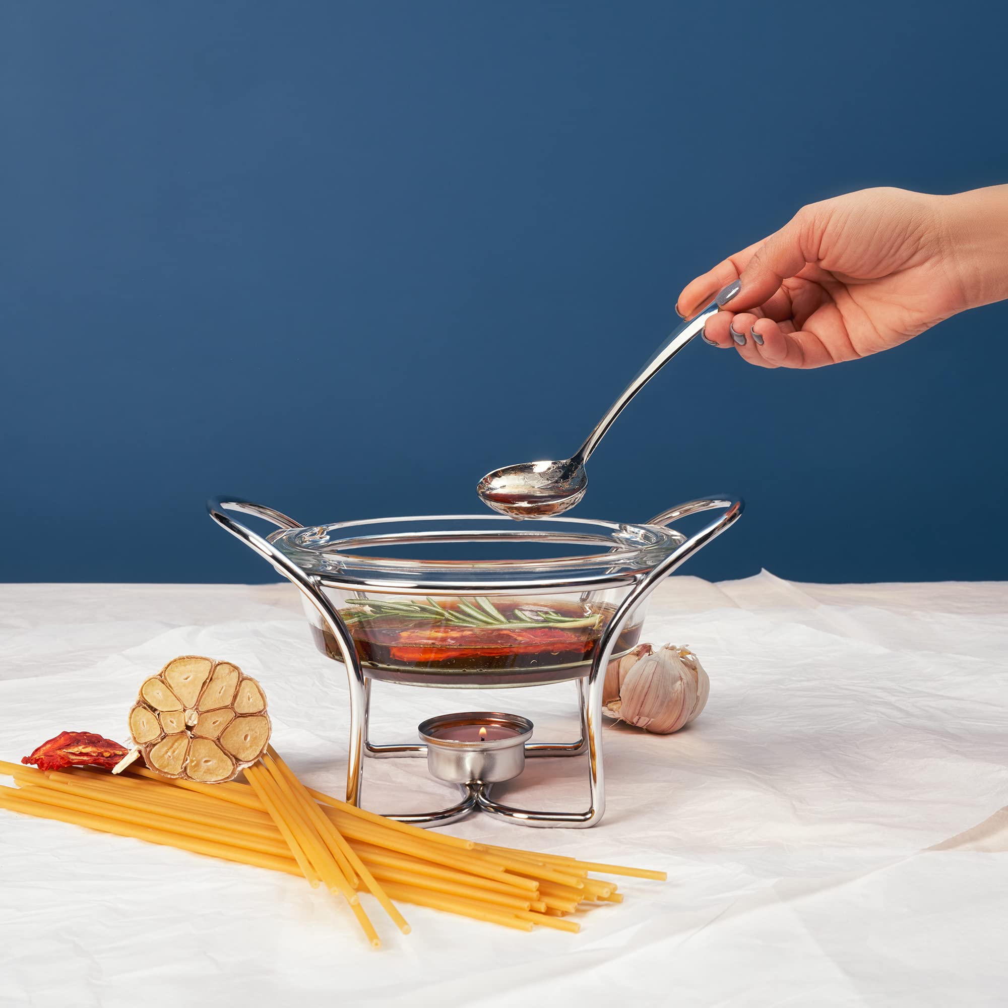 Rigeli Regent Chromeplated Wire Sauce Warmer w/Ladle Stainless Steel Round Soup Warmer with spoon Perfect for Chocolate, Caramel, Cheese, Sauces and More