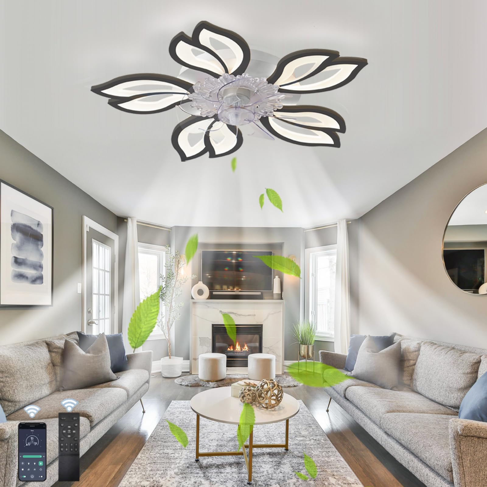 HXYSXHJUO Petal LED Ceiling Fans with Lights, Dimmable Lamps Modern Fan Chandelier for Living Room and Bedroom, Reversible Winter Summer-Black
